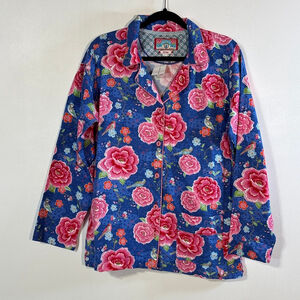 PiP Studio Blue Pink Floral Pajama Top Women’s Large Button Down Collared NWT